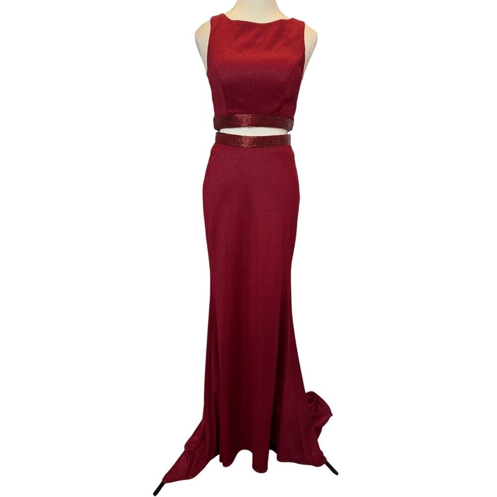 Lucci Lu Red 2 Piece Gown NWT Sz 2 Holiday Formal Beaded Open Back Prom Mermaid
